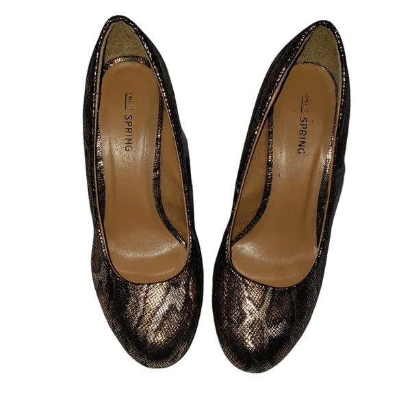 Brown Metallic Snake Print Platform Block Heels Women Sz 7 Career Workwear Pumps - Picture 2 of 13